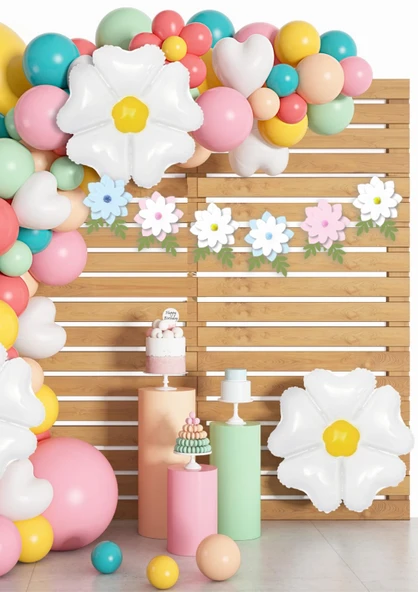 Papatya Yaprak Ve Ponpon Temalı Kağıt Renkli Banner 6 Parça - 4