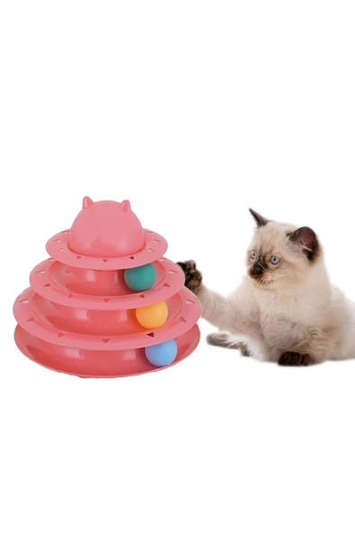 3 Katlı Toplu Yuvarlak Kedi Oyuncağı, Sarma Topu, Pembe Toplu Yuvarlak Kedi Oyuncağı Kedi Eğlencesi
