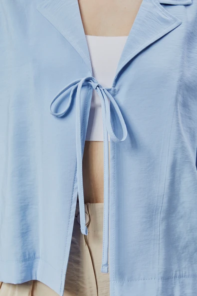 Bebe Mavisi Salaş Kesim Bağlama Detaylı Gömlek - Resim 4