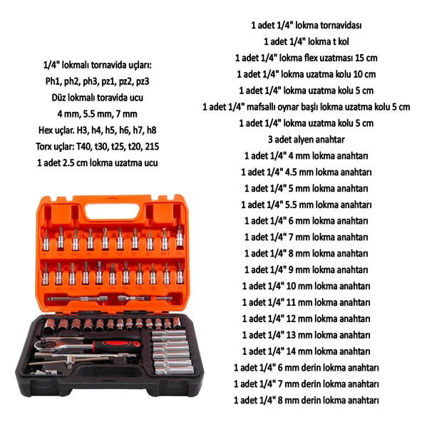 Lokma Anahtar Takımı 53 Parça Uzatma Kolu Mafsallı 1/4 Yıldız Hex Tork Düz Set Bits Uç Allen - 2