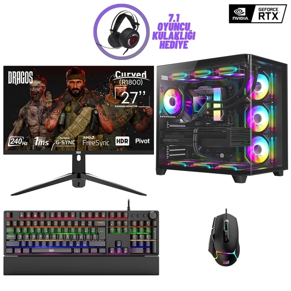 Dragos DRx7277 Ryzen 7 7700 32GB DDR5 Ram 1TB NVMe 8GB RTX4060 27 İnç 240Hz Curved Sıvı Soğutmalı Oyun Hazır Sistem