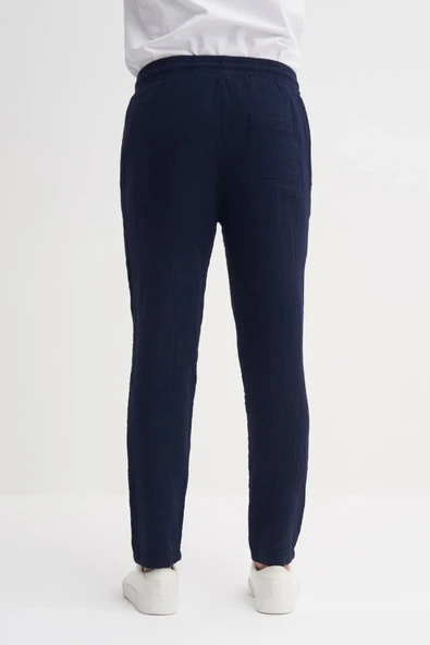 Cazador Muslin Erkek Keten pantolon Lacivert Düz Paça 0025 - Resim 3