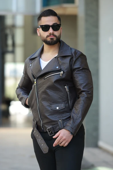 ERKEK KUZEY MODEL KEMERLİ BAHARLIK DERİ CEKET - 12