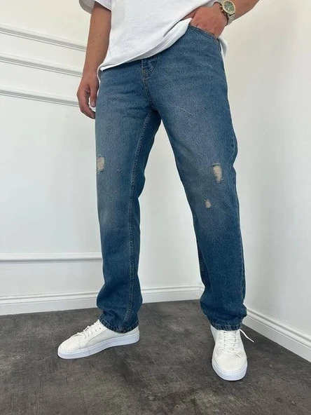 Yırtık Detay Koyu Mavi Baggy Jean09