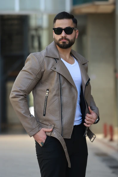 ERKEK KUZEY MODEL KEMERLİ BAHARLIK DERİ CEKET - 6