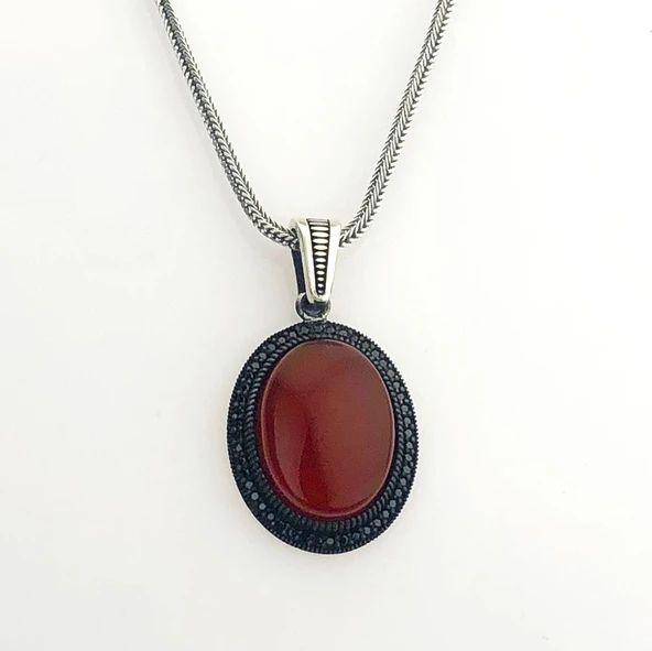 925 Ayar Kırmızı Akik Taşlı Gümüş Kolye - Resim 2