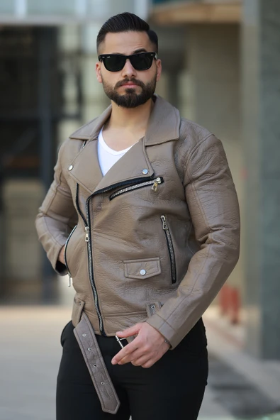 ERKEK KUZEY MODEL KEMERLİ BAHARLIK DERİ CEKET - 8