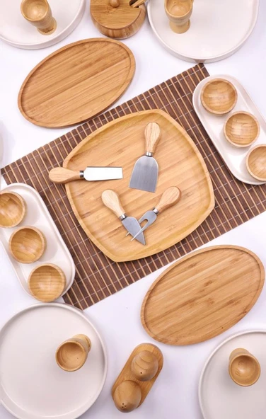 Atbyhome Breeze 6 Kişilik 34 Parça Seramik Doğal Bambu Kahvaltı Takımı - Kahvaltı Seti Sunum Seti - 2