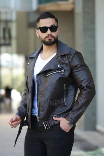 ERKEK KUZEY MODEL KEMERLİ BAHARLIK DERİ CEKET - 9