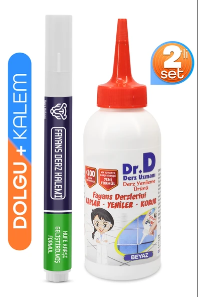 2li SET Derz Kalemi + Derz Dolgu Hızlı Kuruyan Yedek Uç Su Bazlı Kokusuz Derz Dolgu Fayans Yenileme