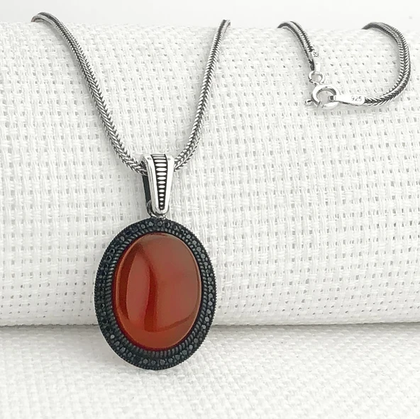 925 Ayar Kırmızı Akik Taşlı Gümüş Kolye ürün görseli