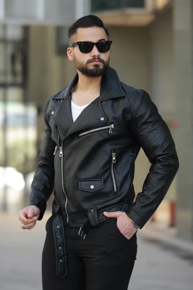 ERKEK KUZEY MODEL KEMERLİ BAHARLIK DERİ CEKET - 4