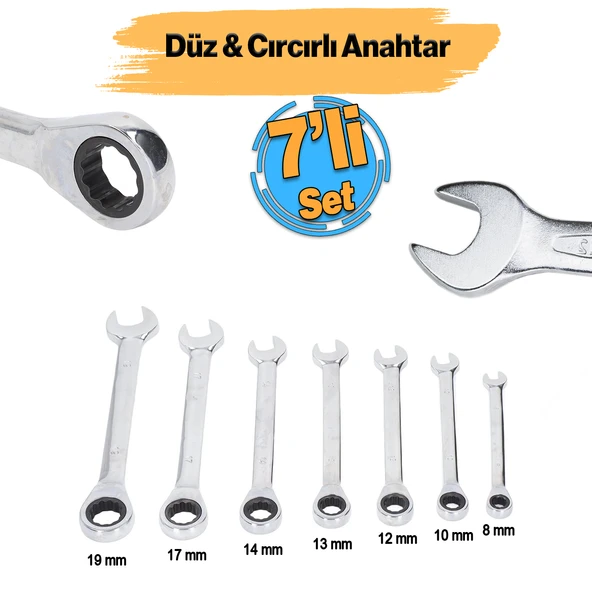 Cırcırlı Anahtar Seti 7'li Set Açık Ağızlı Düz ve Cırcır Kombine Anahtar 8-10-12-13-14-17-19 mm
