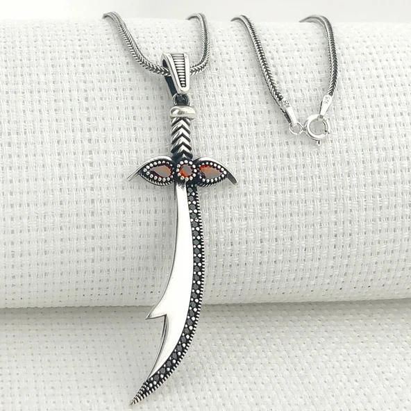 925 Ayar Gümüş Kırmızı Taşlı Zülfikar Kolye ürün görseli