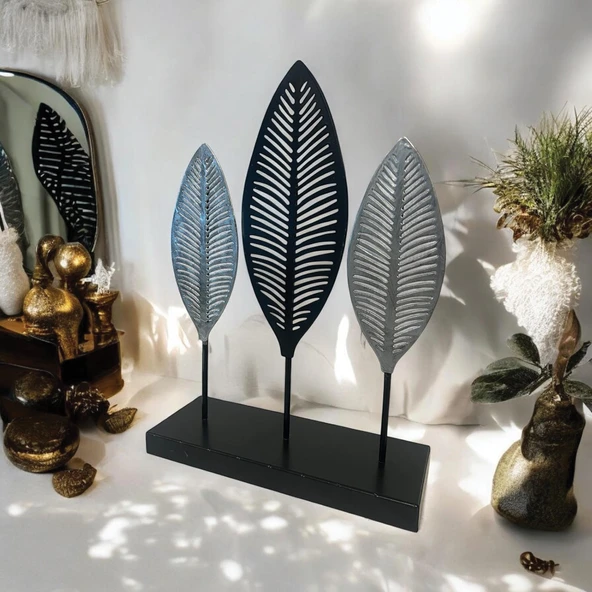 Dekoratif Metal Yaprak Temalı Masaüstü Obje Siyah Gümüş Renk - 2