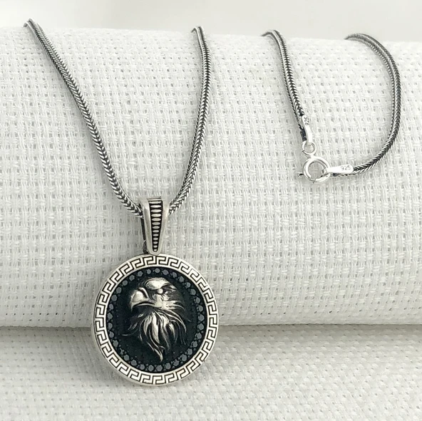 925 Ayar Siyah Taşlı Kartal Gümüş Kolye ürün görseli