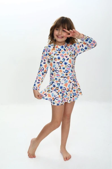 Kız Çocuk Şort Etekli Uzun Kollu Mayo Takımı 3-10 Yaş 12226 - Resim 6