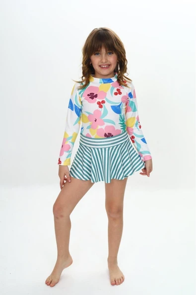 Kız Çocuk Şort Etekli Uzun Kollu Mayo Takımı 3-10 Yaş 12226 - Resim 5
