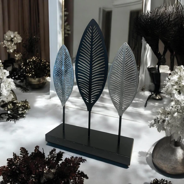 Dekoratif Metal Yaprak Temalı Masaüstü Obje Siyah Gümüş Renk - 6