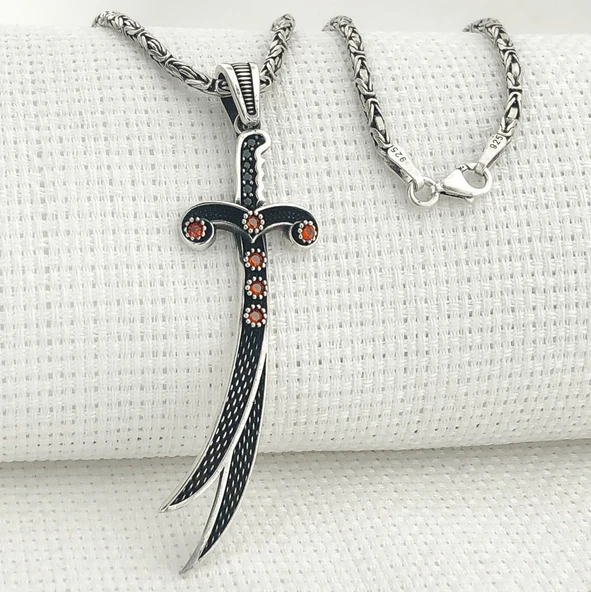 925 Ayar Gümüş Kırmızı Taşlı Zülfikar Kral Zincir Kolye ürün görseli 1