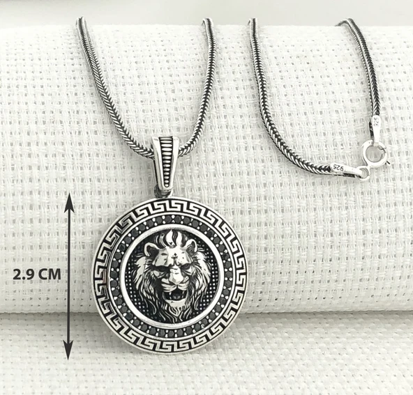 925 Ayar Siyah Taşlı Aslan Figürlü Gümüş Kolye - Resim 3