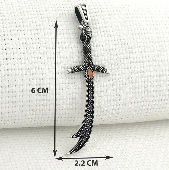 925 Ayar Gümüş Kırmızı Taşlı Kartal Başlı Zülfikar Kolye Ucu - Resim 3