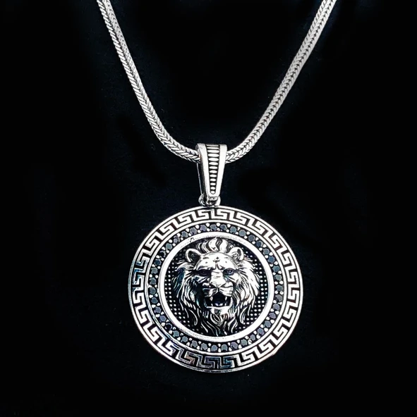 925 Ayar Siyah Taşlı Aslan Figürlü Gümüş Kolye - Resim 2