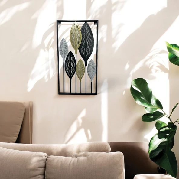 Dekoratif Metal Yaprak Temalı Tablo Gold Gümüş Siyah Renk - 5