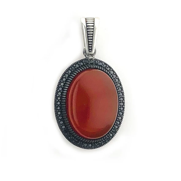 925 Ayar Kırmızı Akik Taşlı Gümüş Kolye Ucu - Resim 2