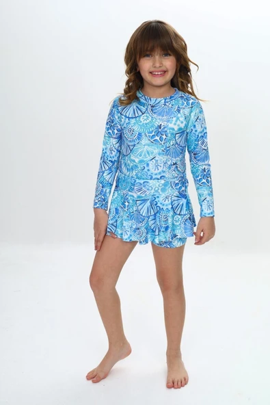 Kız Çocuk Şort Etekli Uzun Kollu Mayo Takımı 3-10 Yaş 12226 - Resim 4