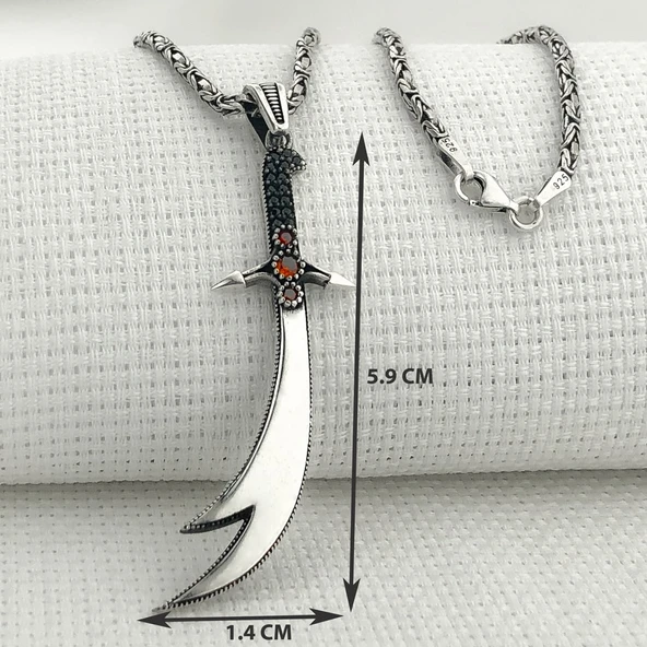 925 Ayar Gümüş Kırmızı Taşlı Zülfikar Kral Zincir Kolye - Resim 3