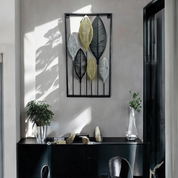 Dekoratif Metal Yaprak Temalı Tablo Gold Gümüş Siyah Renk - 4