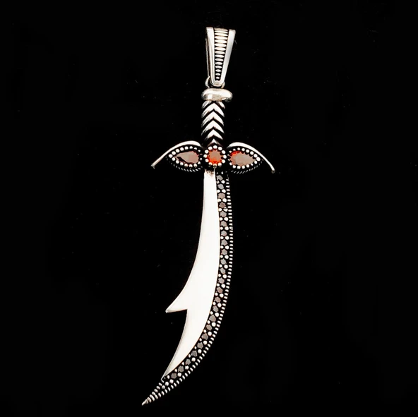 925 Ayar Gümüş Kırmızı Taşlı Zülfikar Kolye Ucu - Resim 2