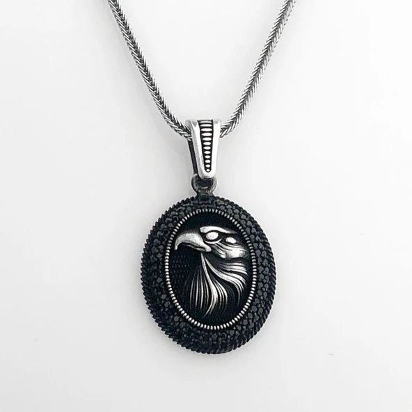 925 Ayar Gümüş Siyah Taşlı Kartal Motifli Kolye - Resim 2