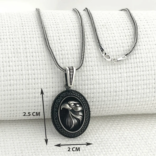 925 Ayar Gümüş Siyah Taşlı Kartal Motifli Kolye - Resim 3