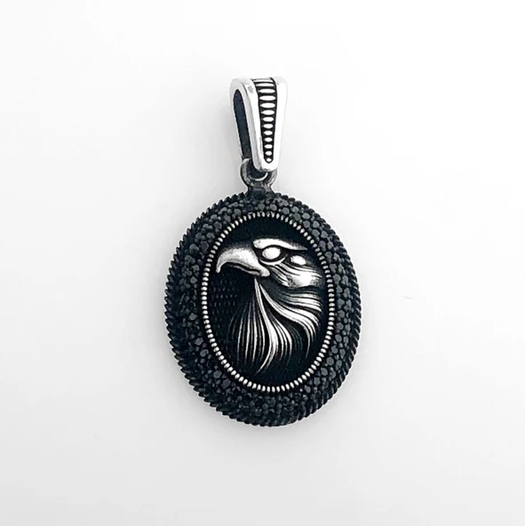 925 Ayar Gümüş Siyah Taşlı Kartal Motifli Kolye Ucu - Resim 2