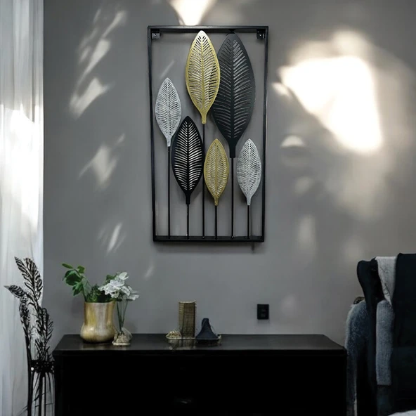Dekoratif Metal Yaprak Temalı Tablo Gold Gümüş Siyah Renk - 2