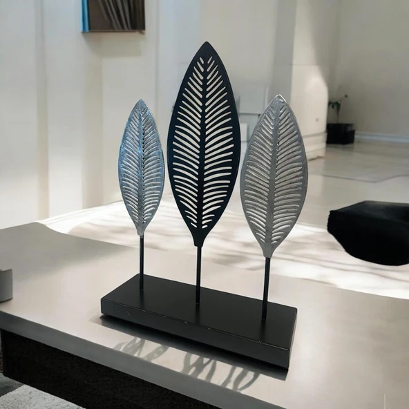 Dekoratif Metal Yaprak Temalı Masaüstü Obje Siyah Gümüş Renk