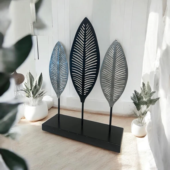 Dekoratif Metal Yaprak Temalı Masaüstü Obje Siyah Gümüş Renk - 5