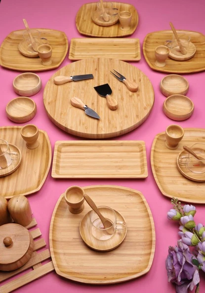 Atbyhome Bambu Vista 6 Kişilik 47 Parça Doğal Bambu Kahvaltı Takımı - Kahvaltı Seti Sunum Seti