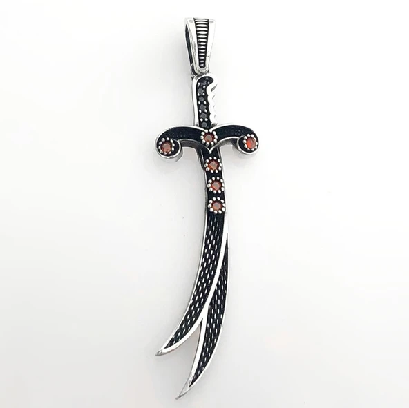 925 Ayar Kırmızı Taşlı Zülfikar Gümüş Kolye Ucu - Resim 2