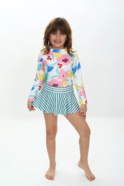 Kız Çocuk Şort Etekli Uzun Kollu Mayo Takımı 3-10 Yaş 12226 - Resim 10