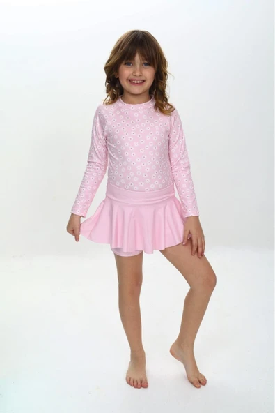 Kız Çocuk Şort Etekli Uzun Kollu Mayo Takımı 3-10 Yaş 12226 - Resim 2