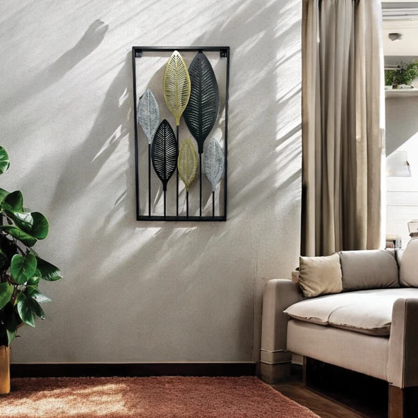 Dekoratif Metal Yaprak Temalı Tablo Gold Gümüş Siyah Renk - 7