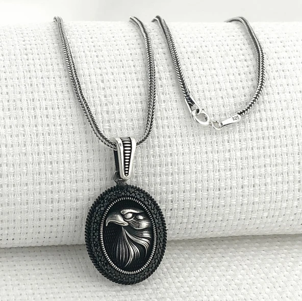 925 Ayar Gümüş Siyah Taşlı Kartal Motifli Kolye ürün görseli