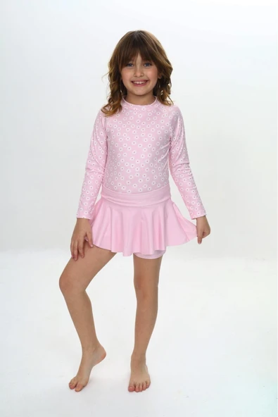 Kız Çocuk Şort Etekli Uzun Kollu Mayo Takımı 3-10 Yaş 12226 - Resim 9