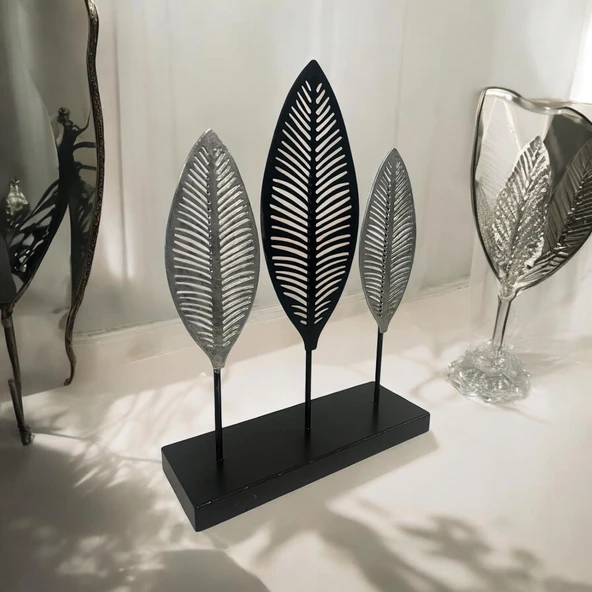 Dekoratif Metal Yaprak Temalı Masaüstü Obje Siyah Gümüş Renk - 3