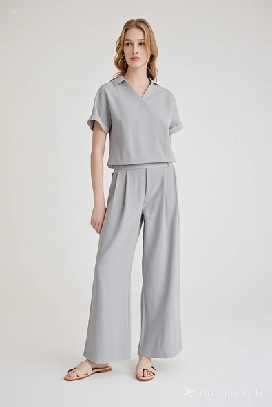 Keten Zarif Kadin T-shirt ve Uzun Pantolon Alt Üst İkili Takım V Yaka Kısa Kollu Salaş Rahat Gri Elbise ürün görseli 1