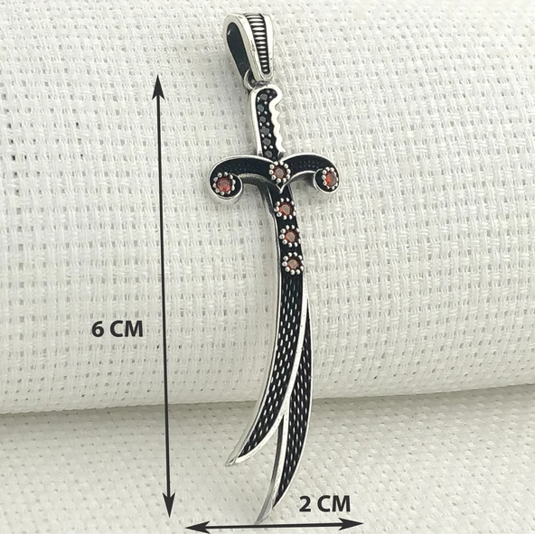 925 Ayar Kırmızı Taşlı Zülfikar Gümüş Kolye Ucu - Resim 3