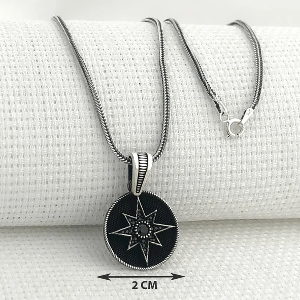 925 Ayar Gümüş Siyah Taşlı Kuzey Yıldızı Kolye - Resim 3